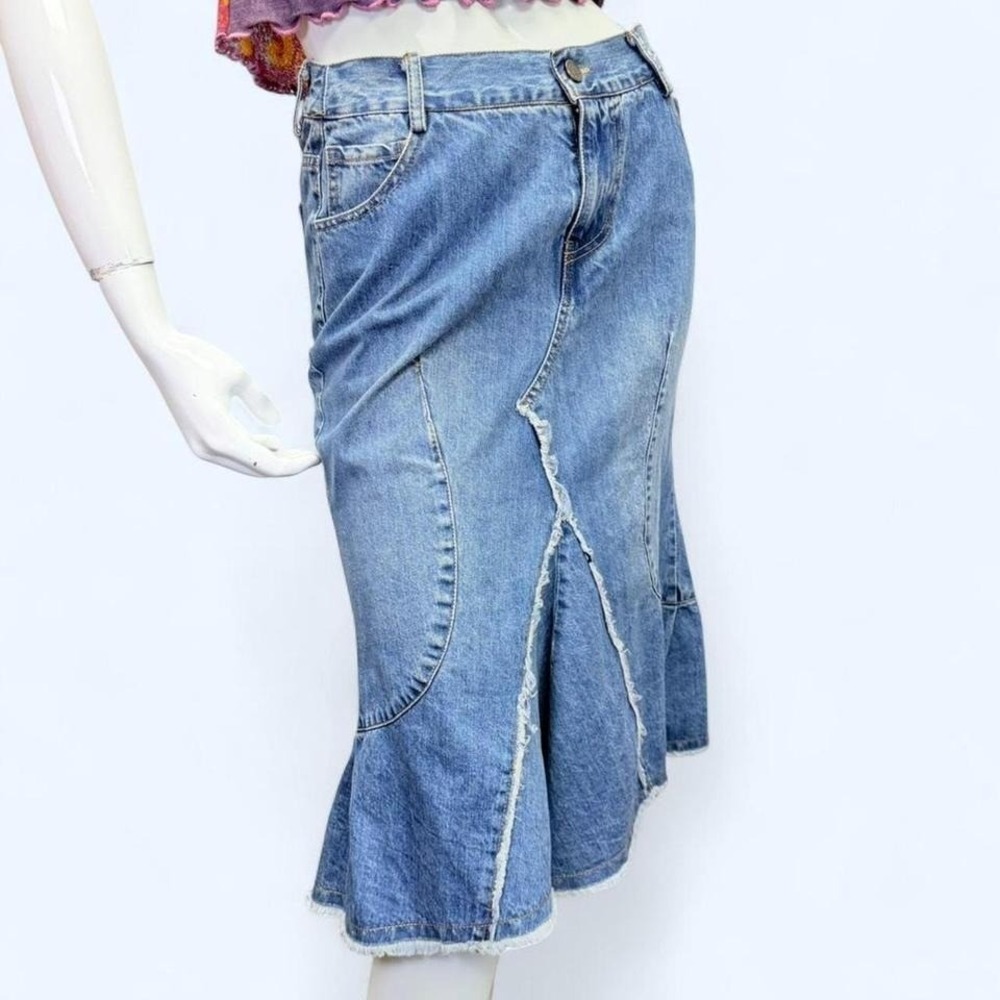Y2K Denim Mermaid Skirt Raw Hem Deconstructed Low Rise Womens XL